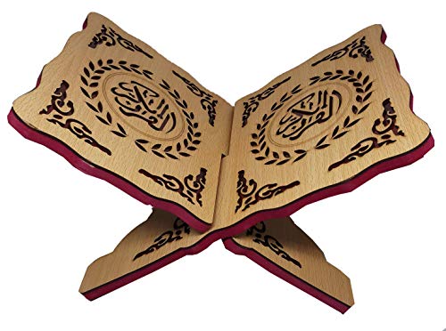 Wooden Book Stand Al-Quran Rihal AMN-208 Scripture Carving Chanting Bookshelf Islam Foldable Rehal Bible Magazine Cookbook Display Holder Rack Muslim Gift (Beige_01, Small (20x30 cm.))