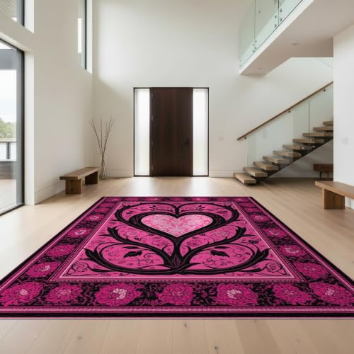6'x9' Pink Black Deep Heart Design Prayer Washable Area Rug - color: Pink/Pattern 16, size: 6' x 9' (Rectangular)