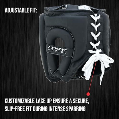 Authentic Series A2 Boxing Headgear - Premium Leather Head Guard for Kids and Adults in MMA, Kickboxing, Muay Thai, Karate, Martial Arts, and Taekwondo - color: Black, size: Small-Medium