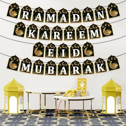 WATINC 4pcs Ramadan Kareem Banner Eid Mubarak Decoration, Ramadan Hanging Banners Decor, No DIY Needed Eid Mubarak Al-Fitr Iftar Party Favor Hang Bunting Supplies for Home Tree Fireplace Wall 10 Feet