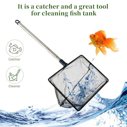 Fish Tank Net, Fine Mesh Aquarium Fish Net, Long Handle Fish Net, Stainless Steel Extendable Handle, Square Aquarium Cleaning Net for Aquarium Accessories - size: 8 inch