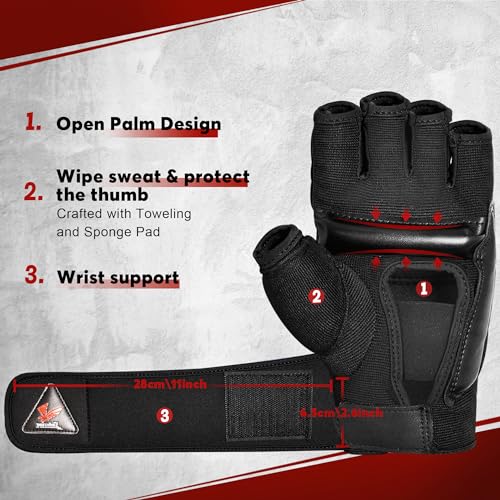 Xinluying MMA Gloves Boxing Punch Bag Training Martial Arts Sparring Grappling Kickboxing Muay Thai Gloves, Thickened Knuckle Pads, Wider Wristband, Fingerless Rub Resistance Mitts for Men Women Kids - color: Black, size: Medium