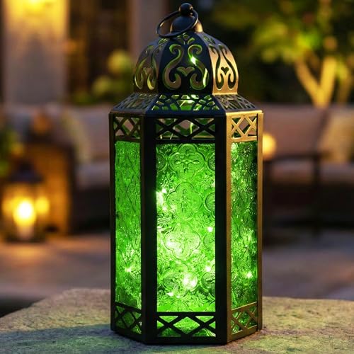 Vela Lanterns Decorative Indoor Fairy Light Candle Holder, Green, L | Fantasy Moroccan Lamp, Enchanted Forest Decor, Green Halloween & St Patricks Day, Metal Hanging Flameless LED, 12" Tall - color: Black/Green, size: Large