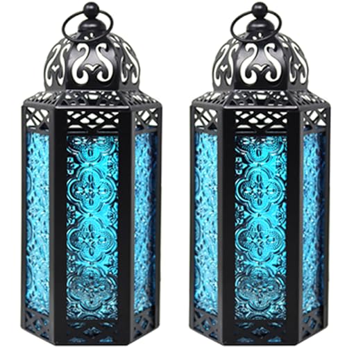 Vela Lanterns Decorative Indoor Moroccan Candle Holder, Blue, M, 2-Pack - color: Blue