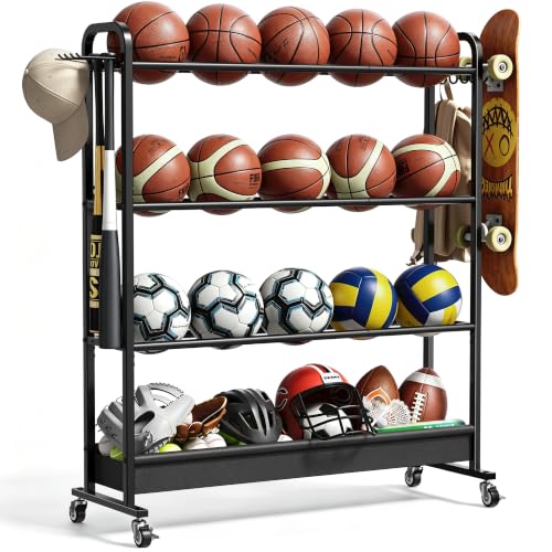 Adjustable Basketball Rack with Wheels, 4-Tier Sports Ball Storage Cart for Basketball Football Volleyball Soccer & More, Holds up to 20 Balls
