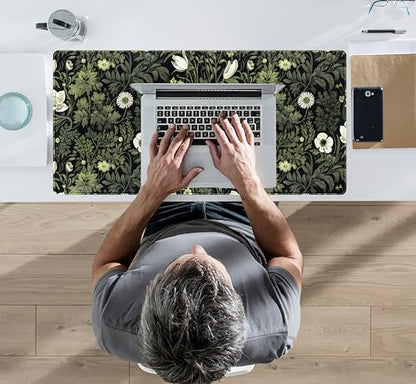 Dark Green Floral Plants XXL Gaming Mousepad & Desk Pad - Nature Leaf Flower Laptop Keyboard Mat 31.5 x 15.75 - color: Dark Green Floral Plants