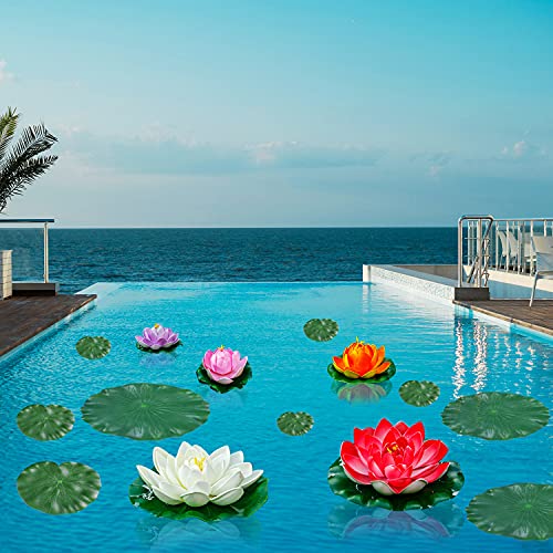 14Pcs Artificial Lily Pads and Artificial Lotus Flower | 9Pcs Fake Lily Pads, 5pcs Artificial Foam Lotus Flower for Pool Garden Koi Fish Pond Aquarium Wedding Decor - size: 11 inches, 6 inches