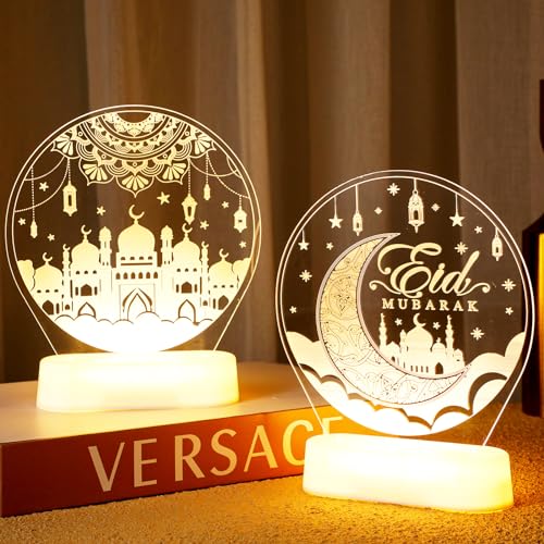 2 Pcs Ramadan Decorations Lights for Home Eid Mubarak Table Decor LED Ramadan Night Lights Crescent Moon Castle Lantern Centerpiece for Home Islamic Mosque Muslims Crafts Table Decor Eid Gifts(Cute) - style: Cute