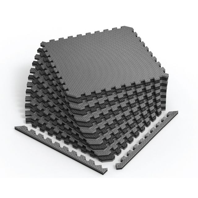 Reversible Gym Exercise Mats 3/4" Thick EVA Interlocking Foam Tiles, Perfect Home Gym Flooring, 24 Tiles & 48 Trim Pieces, 96 Sq. Ft. Reversible, Gray/Black - color: Gray/Black, size: 24 Tiles - 96 Sq. Ft.