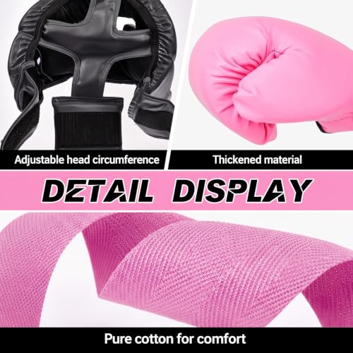 Kanayu 12 Pcs Kids Boxing Equipment Set for Beginners Ages 6-18 Years Including Boxing Helmet and Gloves Hand Wraps Sport Mouthguards Taekwondo Sparring Gear for Kids and Children - color: Black, Pink