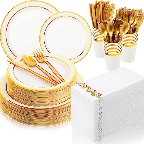 meekoo 350 Pcs Gold Plastic Dinnerware Set Disposable Paper Plates for 50 Guests 9in and 7in Dinner Dessert Plates Napkins Gold Rimmed Cups Knives Forks Spoons for Party Wedding (Round) - color: Gold, style: Round