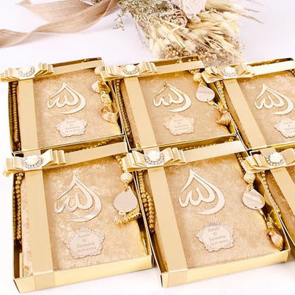IEF Personalized Yaseen Dua Book Prayer Beads Islamic Gift Set, Ramadan Eid Wedding Birthday Anniversary Mother's Day Father's Day Gifts, Party Favors for Guests (Style-1) | Personalized Velvet Dua Book and Tasbeeh set - color: Gold