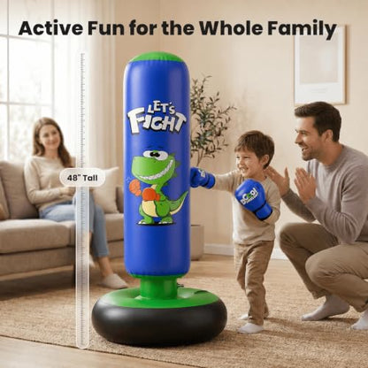 Inflatable Punching Bag, 48" Punching Bag for Kids with Boxing Gloves, Stable Boxing Set for Karate, Taekwondo,Dinosaur Toy & Gifts for Boys 3 4 5 6 7 8 Year Old - color: Blue