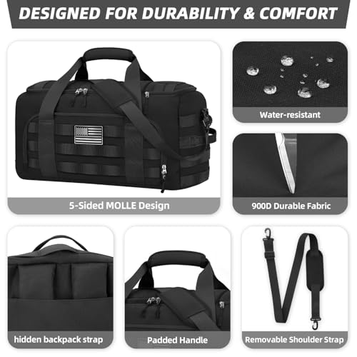 ZOMFELT Tactical Gym Bags for Men, 22x14x9 Carry On Luggage Duffle Bag for Travel, 3-in-1 Sports Basketball Soccer Bag with Removable Dividers & Shoe Compartment, Weekender Overnight Travel bag, Black - size: Medium