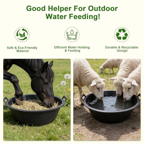 4Pcs Large Rubber and Plastic Feed Pan with Handle, 8.6 Gallon 34 Quart | Utility Horse Feed Bucket, For Cats Dogs Goats Chicken, Dust Bath Container, Animal Feeding Watering Bowl