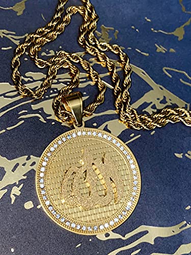 Allah Pendant Necklace – 14k Gold Finish Iced Round Islamic Charm with 3mm Rope Chain, Stainless Steel Muslim Jewelry for Men & Women