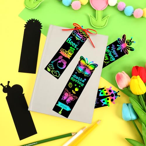 JUNEBRUSHS Spring Scratch Bookmarks, 30PCS Crafts for Kids DIY Rainbow Scratch Art, Spring Activities for Kids Art Project with 6 Designs, 30 Strings and 12 Sticks - style: Spring Style