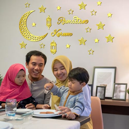 Geelin 23 Pcs Ramadan Decorations for Home 2026 Eid Ramadan Kareem Mubarak Wall Decor Islamic Wooden Gold Moon Star Lantern Wall Art Sign for Living Room Bedroom Muslim Arabic Party Supplies(Kareem) - style: Kareem