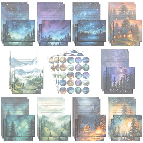 TaoBary 160 Pcs Stationery Paper Set 50 Double Sided Stationery Paper with 50 Matching Envelope and 60 Round Dot Sticker, 10 Design (Whimsical Watercolor Illustration Starry Night Sky,8.25 x 5.5 Inch) - size: 8.25 x 5.5 Inch, style: Whimsical Watercolor I