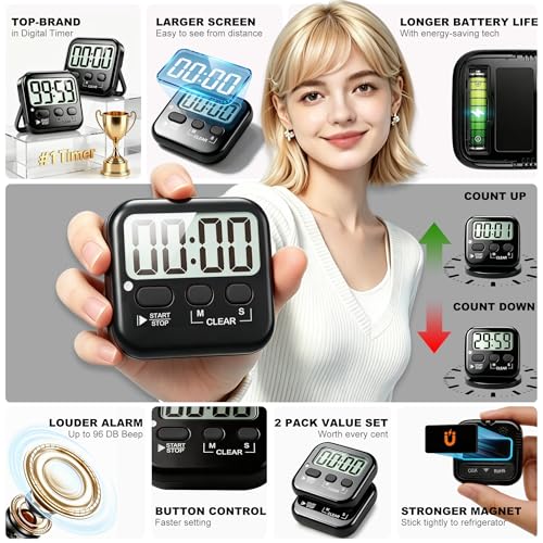2 Pack Digital Timer for Kids Classroom Kitchen Timers for Cooking | w/ Battery, Easy to View, Alarm, Mute Mode, Count Down/Up, Magnetic, Kickstand, Hanging, Classroom Timer for Teacher Supplies - color: Rich Black *2