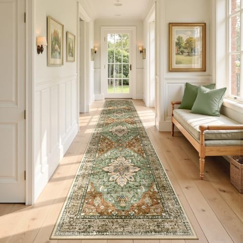 RELEANY Washable Area Rug, Runner 2'6"x10', Brick/Brown/Green - color: Brick/Brown/Green, size: 2'6" x 10' (Rectangular)