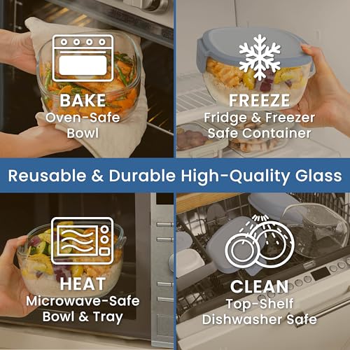 Bentgo Glass Salad Container - 7.6-Cup Salad Bowl with Airtight Lid, Leak-Proof Sauce Container, 4-Compartment Bento Tray & Reusable Fork - BPA-Free for Meal Prep, Office & More (Light Blue) - color: Light Blue
