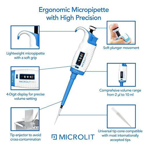 MICROLIT Single-Channel Pipettes with Adjustable Volume, Accurate and Calibrated Micropipette Ergonomic Design for 10-100ul Liquid Capacity, Compatible with 200ul Pipette Tips - size: 10-100ul, style: Single-Channel