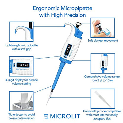 MICROLIT Single-Channel Pipettes with Adjustable Volume, Accurate and Calibrated Micropipette Ergonomic Design for 10-100ul Liquid Capacity, Compatible with 200ul Pipette Tips - size: 10-100ul, style: Single-Channel