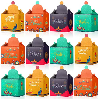 Eersida 12 Pcs Diwali Sweet Gift Boxes Happy Diwali Treat Gift Bags Party Favors Indian Festival of Lights Goodie Gable Boxes Decoration