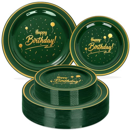 100 Pcs Green Plastic Dinnerware Set,Happy Birthday Disposable Plates - color: Green Gold