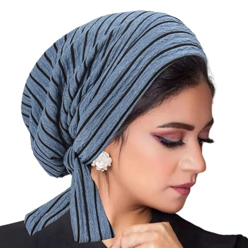Suillty Women's Pre-Tied Muslim Hijab Bonnet Pleated Ruffle Turban Chemo Cap Underscarf Islamic Headwear - color: Blue Striped