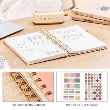 Ovesmusl Undated Daily Planner - 126 Days Hourly Schedule & To Do List - A5 PU Leather Hardcover Spiral Notebook planner with stickers, Metal Corner Protectors & Back Pocket for Work & School, Pink - style: Pink