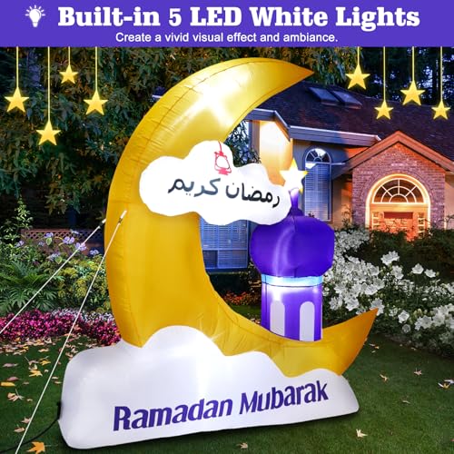 Lewondr 6.10FT Outdoor Inflatable Ramadan Moon Decorations,Waterproof Inflatable Eid Mubarak Decor,Blow Up Muslim Holy Celebration Decor with LED Lights,Muslim Holidays Inflatable for Yard,Yellow Moon - style: Yellow Moon