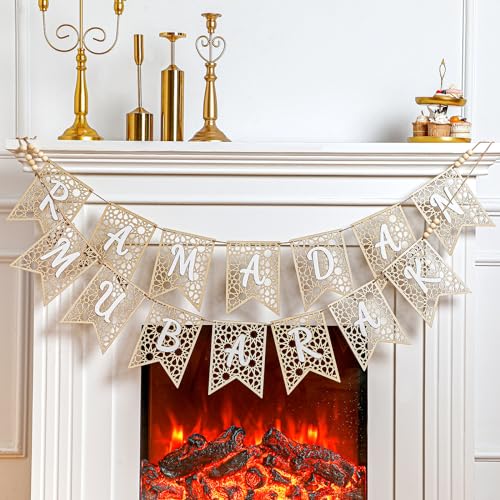 SmoothNovelty 2 Pcs Eid Ramadan Mubarak Banner Wooden Decoration Rustic Bead Muslim Party Decor Supplies for Home Fireplace Indoor Outdoor (White Letter) - color: White Letter