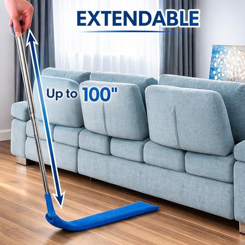 Retractable Gap Dust Cleaner with Extension Pole & 3 Microfiber Cloths | Cleaning Tools with 3 Microfiber Dusting Cloths | Long Handle Duster 30-100'' | Under Refrigerator Furniture Appliance Blue - color: Blue