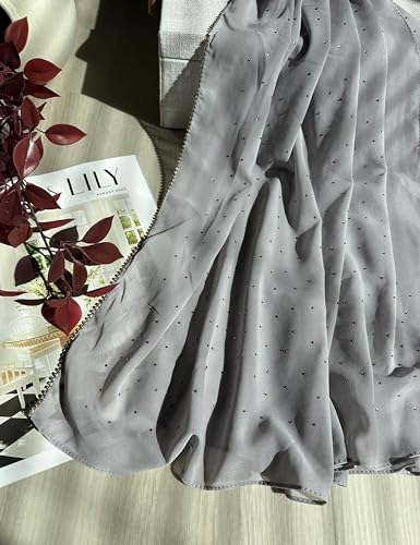 Hijab for Women Premium Chiffon Hijab Rhinestone Hijab Scraf for Women Muslim - color: Light Grey