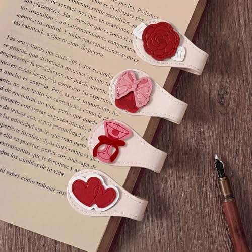 4 Pcs Magnetic PU Leather Bookmarks, Cute Book Markers for Readers - color: Heart& Bow