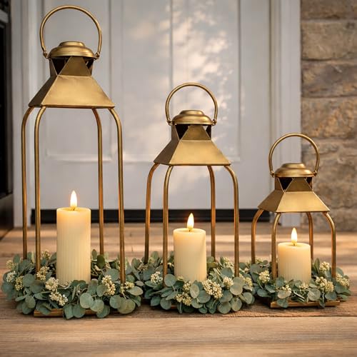 Decorative Metal Lanterns Indoor Outdoor, Candle Holder for Porch, Patio, Fireplace, Floor, Wedding, Christmas, Fall, Holiday, Farmhouse Table Centerpiece (Antique Gold, Set of 3 20" 15.7" 12") - color: Antique Gold, size: Set of 3 20" 15.7" 12"
