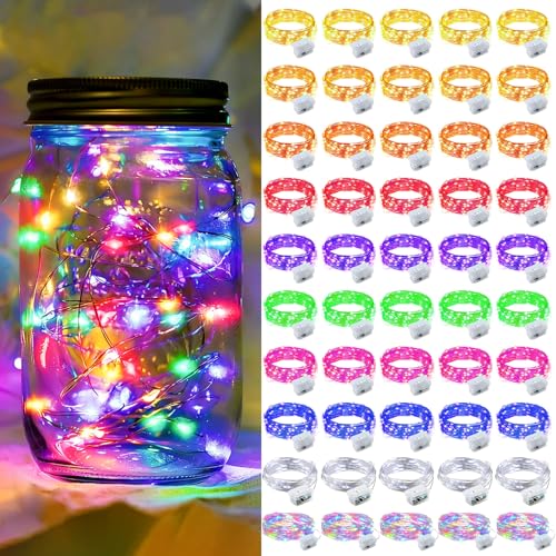 50 Pack Fairy Lights 7Ft 20 LED Twinkle String Lights Battery Operated Waterproof Firefly Starry for Mason Jar Party Wedding Christmas Valentines Day,10-Colors - color: Mixed-Color, size: 50
