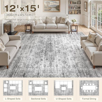 12x15 Area Rug: Washable Neutral Black Grey Rugs for Living Room - color: Black Grey, size: 12' x 15' (Rectangular)