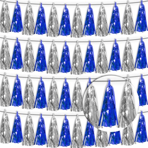 4P Navy-Blue Silver Tassel Banner Garland Metallic Foil Fringe Banner Tinsel Tassels Streamer Banner Backdrop for Parade Floats, Graduation Bridal/Baby Shower Retirement Party Decorations - color: Navy-Blue Silver