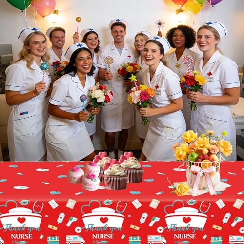 3 Pack Nurses Graduation Tablecloth,Thank You Nurses Disposable Plastic Table Cloth Plastic Table Covers for Nurses Week Gifts Bulk 2026 RN Nursing Graduation Party Supplies, 54 x 108 Inch - color: Red White