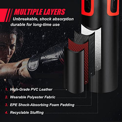 GYMAX Punching Bag Set, 56lbs Prefilled Heavy Duty Boxing Bag for Adults with 12OZ Punching Gloves & Two 95" Hand Wraps, 360°Hanging Kick Punching Bag for MMA Karate