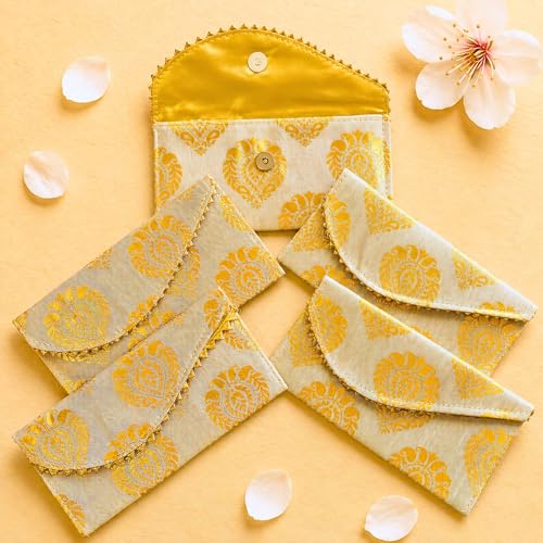LoveNspire Brocade Fabric Money Envelopes (8 x 4 Inch) Decorative Floral Pattern Shagun Lifafa for Indian Wedding, Birthday | Cash Gift Holder & Home Savings Organizer Beige/Pack of 5 - color: Floral Beige, size: Pack of 5