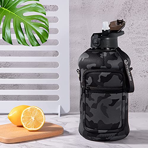 Fimibuke Half Gallon Water Bottle with Sleeve 64 OZ Water Bottle with Handle & Straw Leakproof Motivational Sports Gym Water Bottle with Time Marker BPA Free Water Jug with Reusable Neoprene Holder - color: Black, Grey