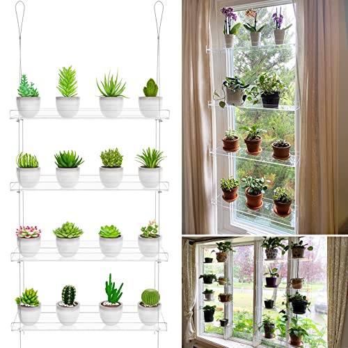 OtNiap Clear Hanging Window Plant Shelves, 2-Pack 4-Tier, 16-Inch Stand | Adjustable Indoor wall plant holder for herbs, microgreens and potted plants. Maximizes window space while displaying plants - size: 2 Pack-4 Tier
