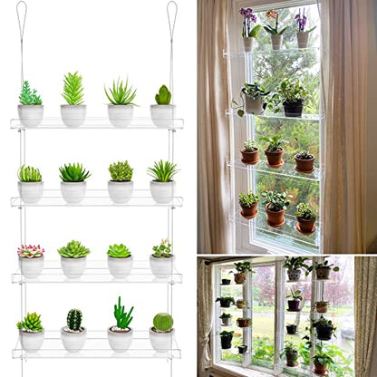 OtNiap Clear Hanging Window Plant Shelves, 2-Pack 4-Tier, 16-Inch Stand | Adjustable Indoor wall plant holder for herbs, microgreens and potted plants. Maximizes window space while displaying plants - size: 2 Pack-4 Tier