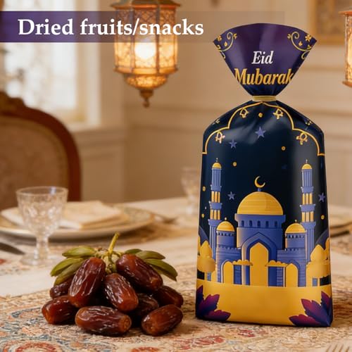 100 Pcs Eid Mubarak Cellophane Bags 4 Styles Ramadan Cello Bag Moon Star Castle Candy Bags with Twist Ties Multi-Color Treat Gift Bag for Goodies Ramadan Festival Party Favor