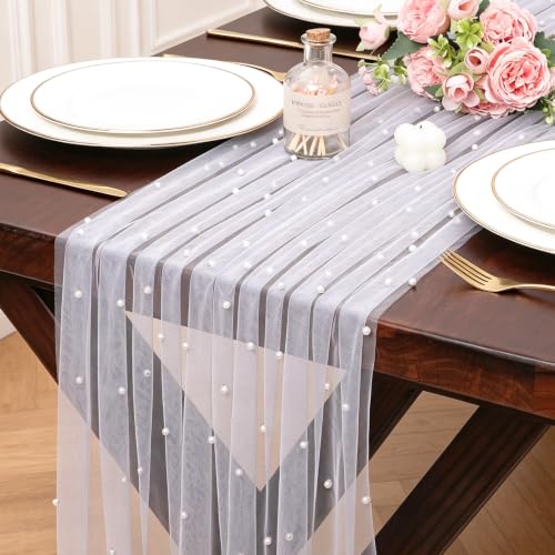 Gauze White Pearl Table Runner 10FT Sheer Spring Summer Pearl 120 Inch Valentine’s Day Tulle Table Runner for Dining Anniversary Wedding Table Decor for Home Party Decorations - color: White Pearl, size: 10 ft × 1 pc