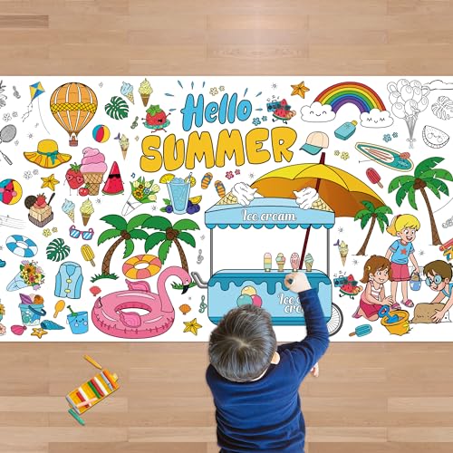 OHOME Summer Giant Coloring Poster/Tablecloth - Summer Decorations - 30 x 72 Inches Jumbo Paper Coloring Banner - Kids Crafts Gifts Toys Games Ice Cream Party Decorations - Arts Crafts Supplies - style: Summer